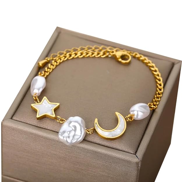 Shiny gold bracelet adorned with moon and stars.