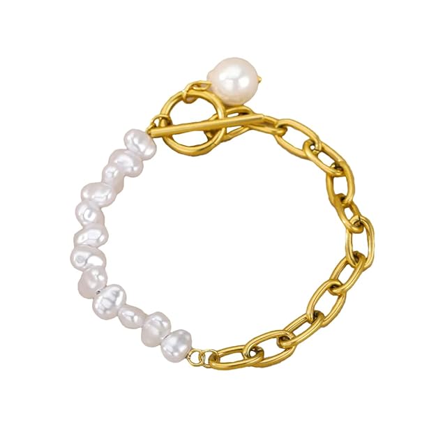 Stylish gold chain bracelet adorned with white pearls, perfect for formal events.
