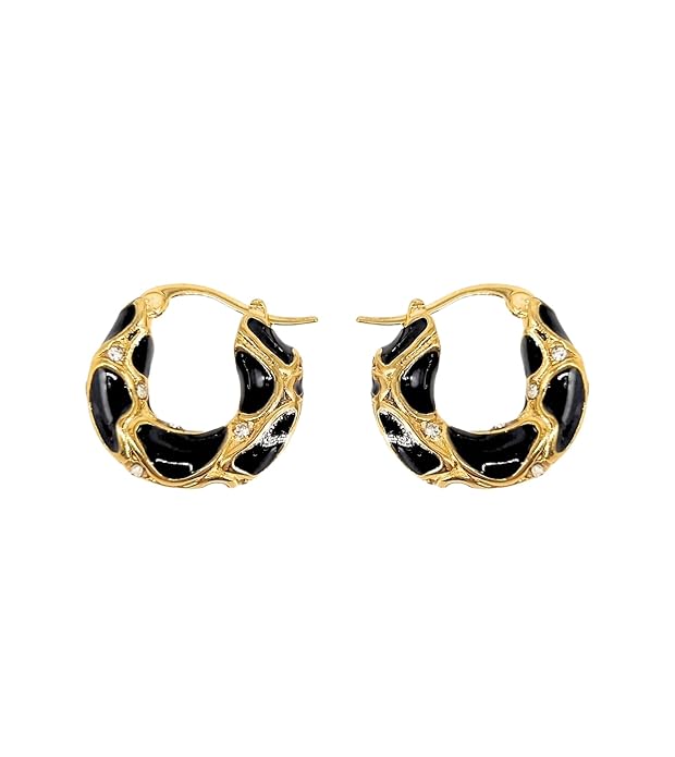 Fashionable gold plated hoop earrings with black enamel.