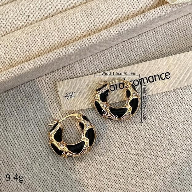 Chic gold plated hoop earrings with black enamel.