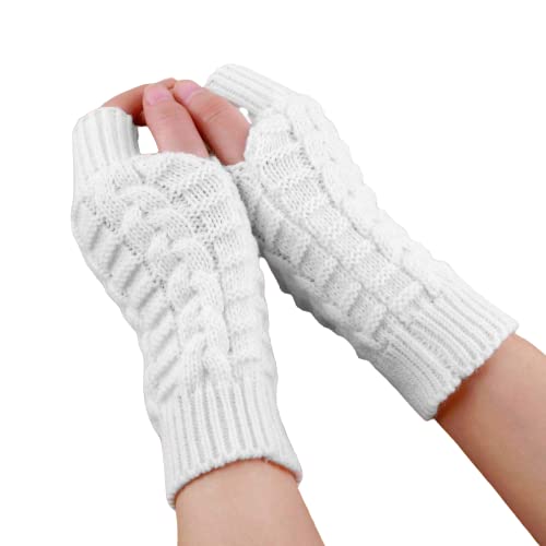 A cozy pair of white knitted fingerless gloves, perfect for keeping hands warm while allowing for easy movement.