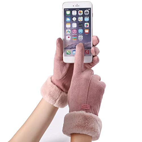Stylish pink gloves adorned with fluffy fur cuffs, ideal for adding a touch of warmth and fashion to your winter outfit.