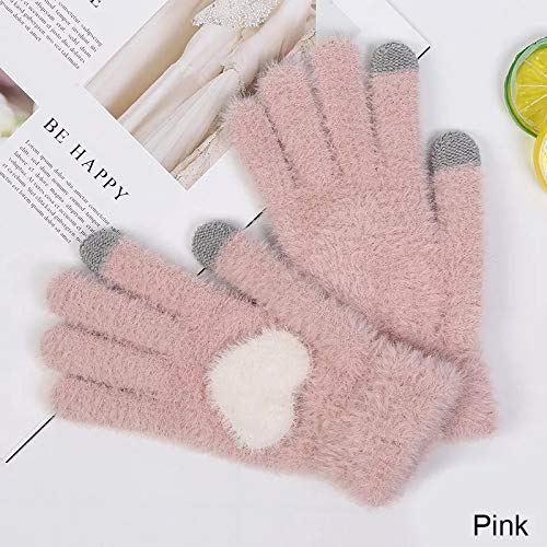 Fuzzy pink heart-shaped gloves adorned with white hearts, perfect for adding warmth and charm to any winter outfit.