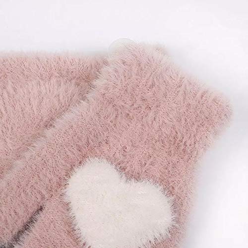Soft pink gloves shaped like hearts, decorated with white hearts, providing warmth and a whimsical style for chilly days.