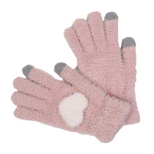 A pair of pink fuzzy gloves shaped like hearts, featuring white heart patterns, ideal for a cozy and stylish winter look.