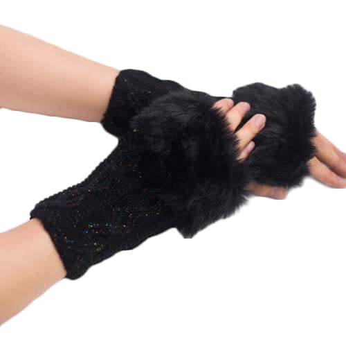 A stylish pair of black gloves adorned with soft fur, perfect for keeping hands warm in chilly weather.