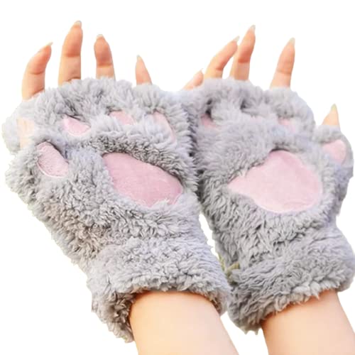 A cozy pair of furry gloves featuring cute paw prints, perfect for keeping your hands warm and stylish.
