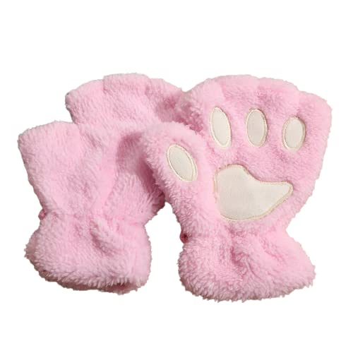 A cozy pair of pink furry gloves adorned with cute paw prints, perfect for keeping your hands warm and stylish.