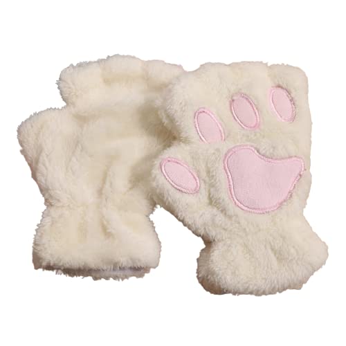 A cozy pair of white furry gloves adorned with cute pink paw prints, perfect for keeping hands warm and stylish.