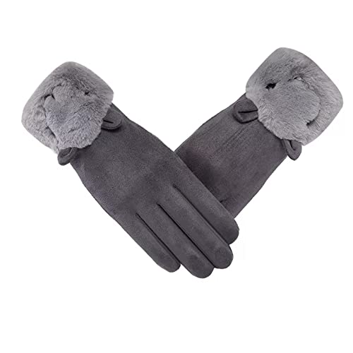 Close-up of a woman’s hands in elegant grey gloves with soft fur cuffs, perfect for a fashionable winter outfit.