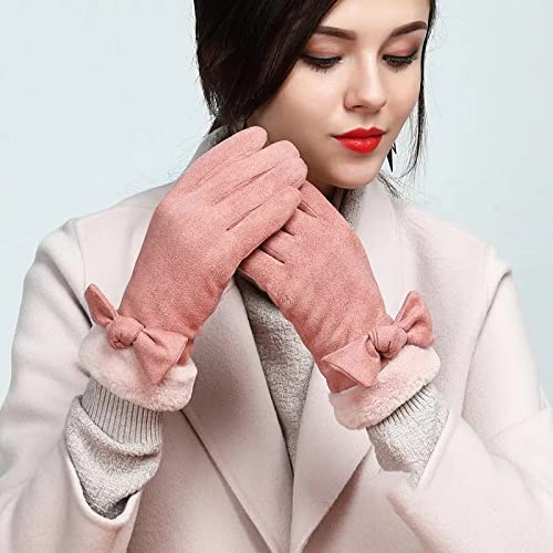Charming pink gloves featuring a lovely bow tie, ideal for a fashionable and playful accessory.
