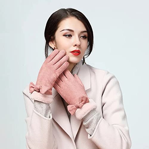 A cute pair of pink gloves adorned with a stylish bow tie, perfect for adding a touch of charm to any outfit.