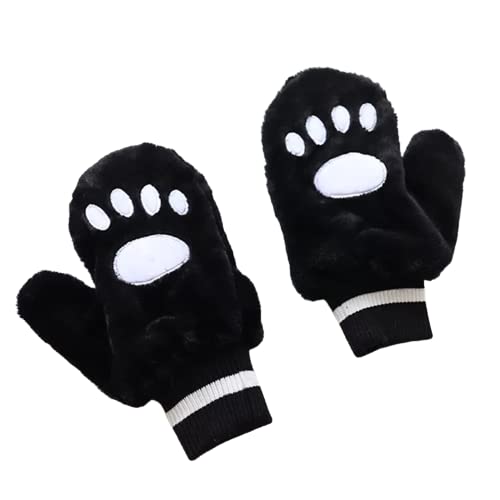 Black mittens designed like cat paws, adorned with cute white paw prints for a playful winter accessory.