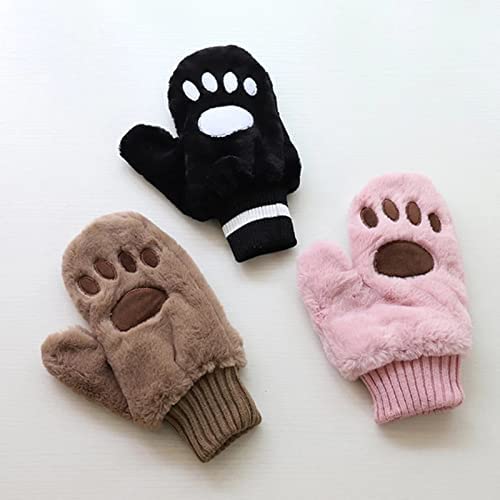 Fun black mittens resembling cat paws, embellished with white paw prints for a whimsical winter look.