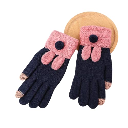 Two pairs of gloves featuring pink and blue buttons, displayed side by side on a neutral background.