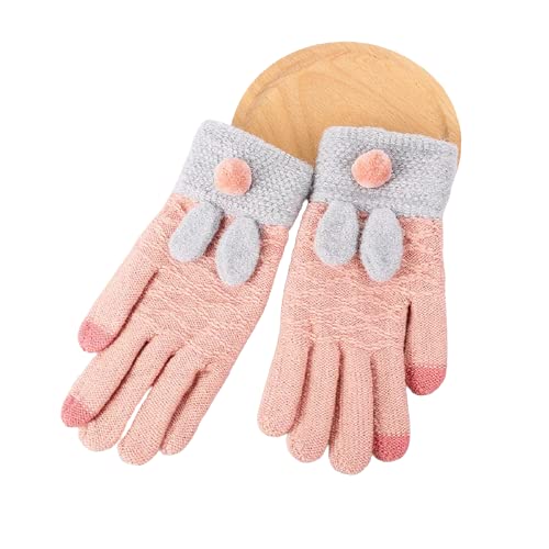 Two pink gloves adorned with grey and white buttons, showcasing a stylish and playful design.