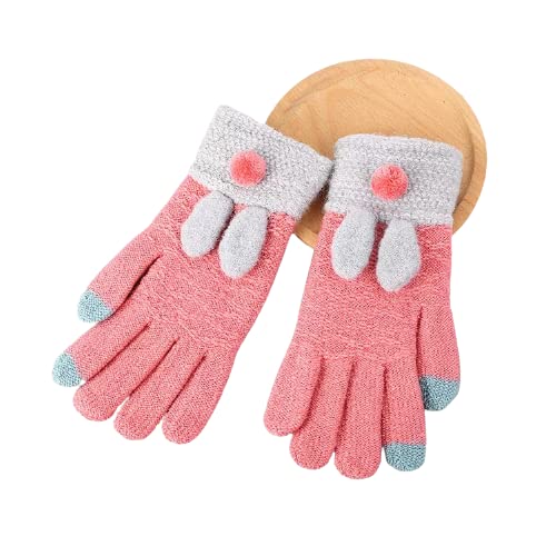Two pink gloves adorned with grey and blue pom poms, showcasing a playful and colorful design.