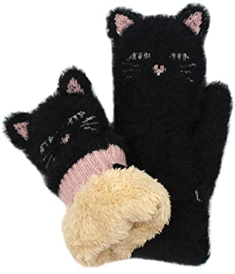 Black cat mittens adorned with pink eyes, combining warmth and playful design for a charming winter accessory.