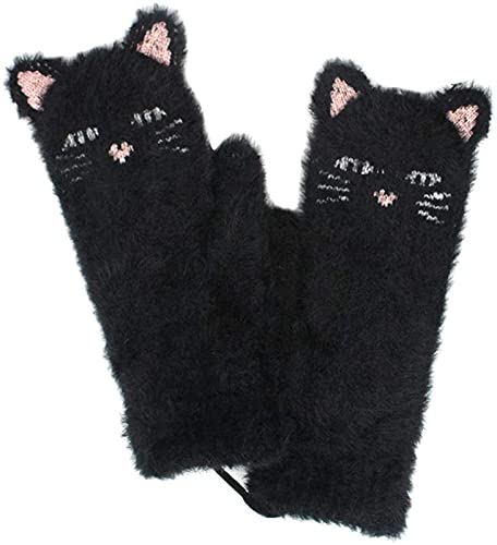 A pair of black cat mittens featuring pink eyes, perfect for keeping hands warm and stylish during cold weather.