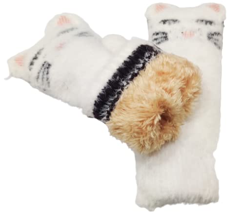 A pair of white cat mittens adorned with black eyes, perfect for adding charm and warmth to winter attire.