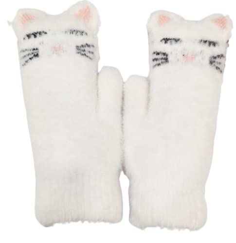 Two white cat mittens featuring black eyes, showcasing a playful and whimsical design for cozy hands.