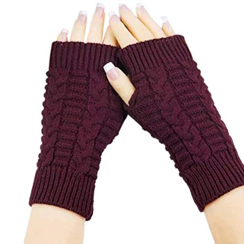 A cozy pair of maroon fingerless gloves designed for women, perfect for keeping hands warm while allowing finger movement.