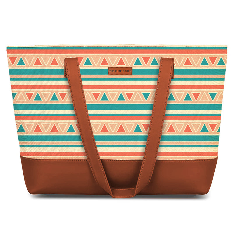 Colorful geometric patterned large tote bag.