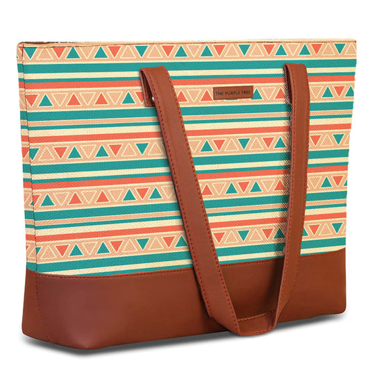 Vibrant geometric design on spacious tote bag.
