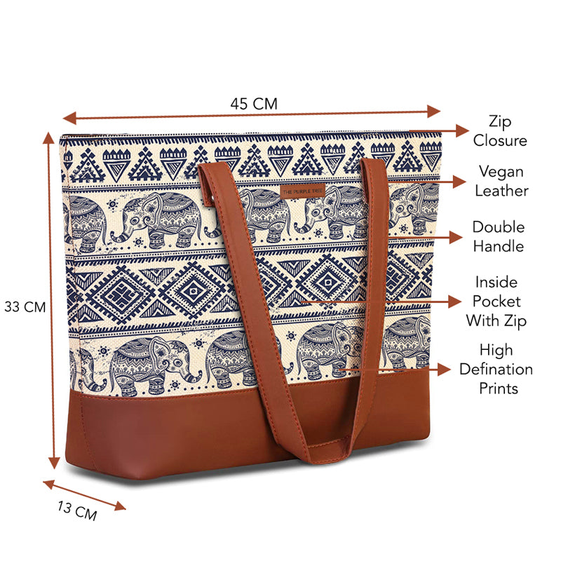 Chic tote bag featuring elephant print design and brown leather handles.