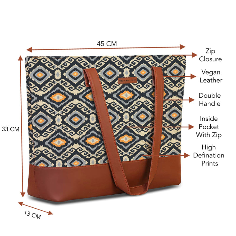 Elegant bag featuring brown and orange patterns.
