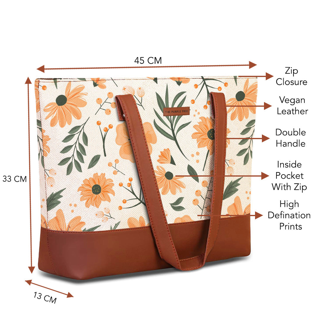 Chic tote bag featuring floral print and brown handles.