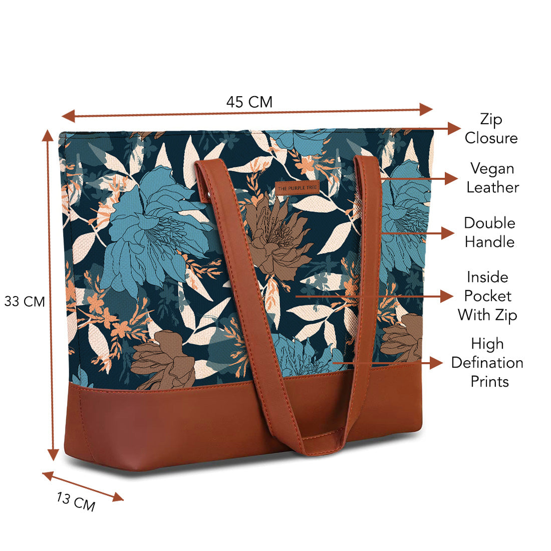 Fashionable bag adorned with floral pattern and brown handles.
