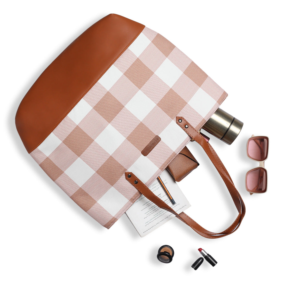 Stylish brown and white plaid tote bag, perfect for carrying essentials on the go.