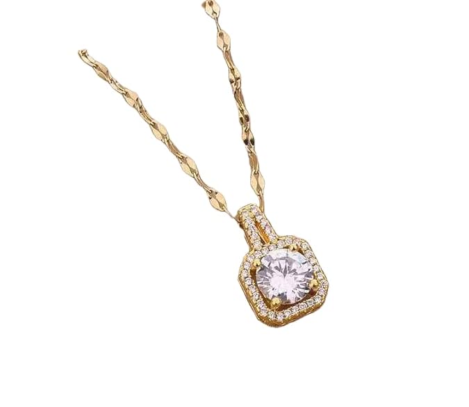 Shiny gold necklace with a dazzling diamond pendant.