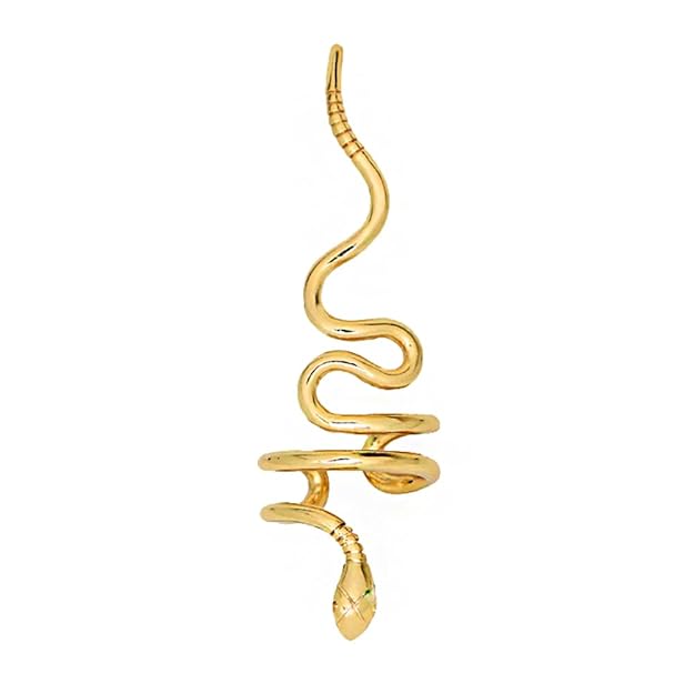 A gold snake pendant with a green stone.
