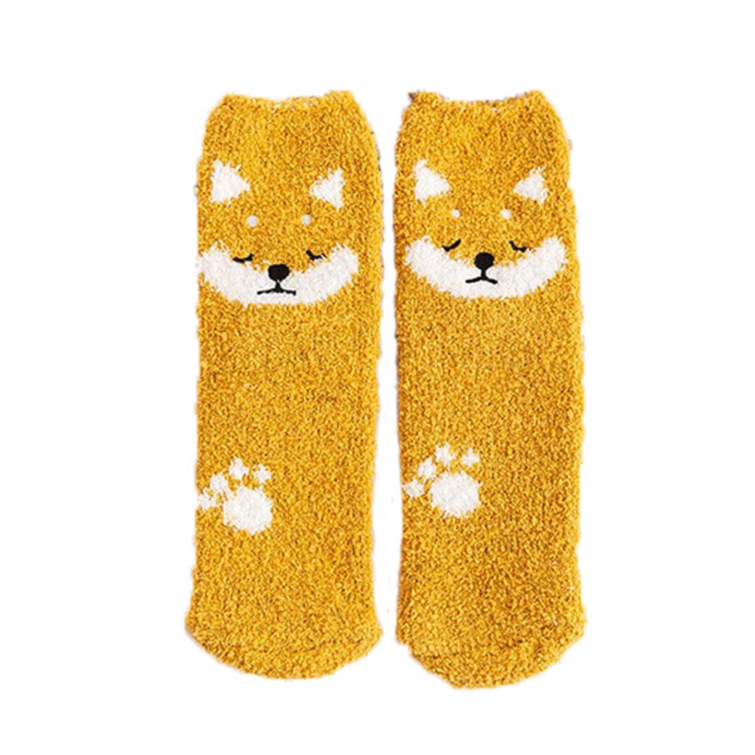 A pair of bright yellow socks featuring a cute fox design, perfect for adding a fun touch to your outfit.