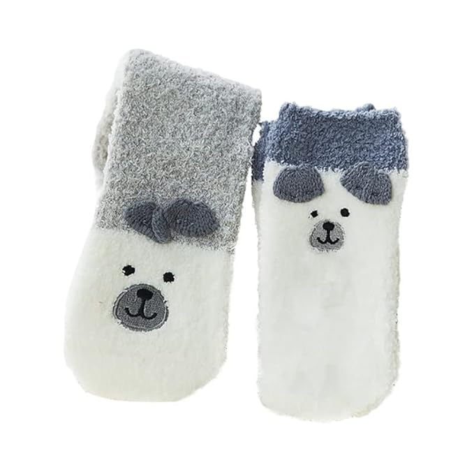 Gray socks adorned with a charming bear face, great for staying comfy and cute during chilly days.