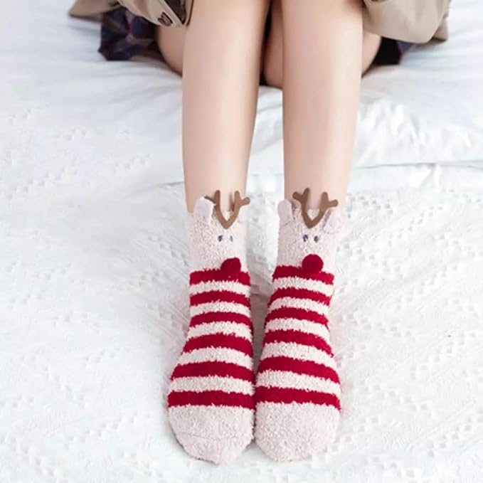 A woman is seen wearing red and white striped socks, reflecting a whimsical and colorful fashion statement.