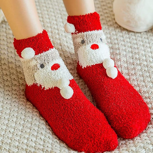 Fun Santa Claus socks with bright red and white trim, ideal for spreading holiday spirit and staying comfy.