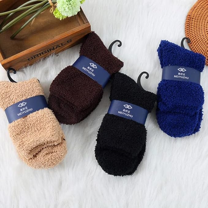 Blue fuzzy socks paired with a wooden box, showcasing a cozy and stylish combination for chilly days.