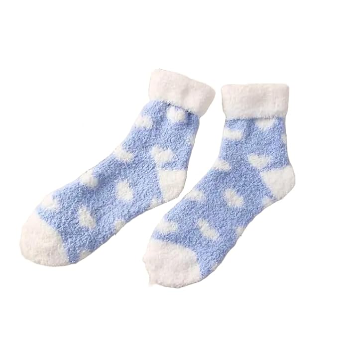 A pair of blue and white socks adorned with cute hearts, perfect for adding a playful touch to any outfit.
