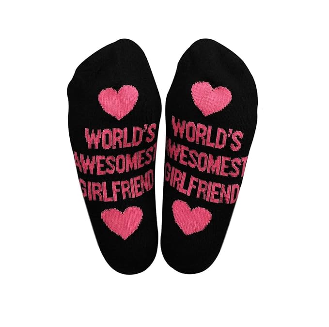 A pair of colorful socks featuring fun designs, perfect for the world's most awesome girlfriend.