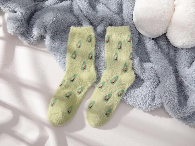 Bright green socks featuring adorable avocados, a quirky accessory to brighten up your day and keep your feet comfy.