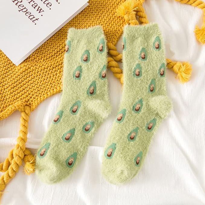 Cozy green avocado socks, perfect for adding a fun touch to your outfit while keeping your feet warm and stylish.