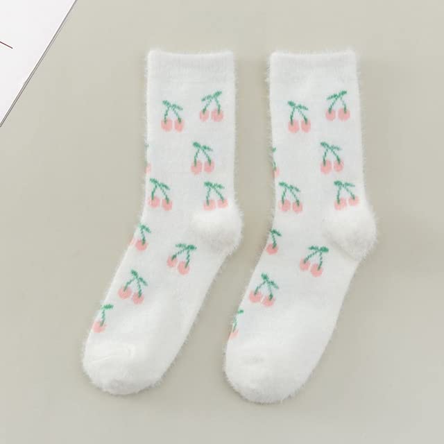A pair of white socks adorned with vibrant cherry patterns, showcasing a playful and cheerful design.