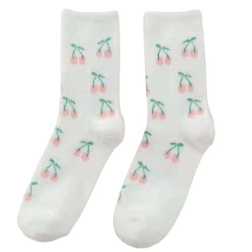 White socks embellished with a pattern of cherries, offering a fresh and fruity aesthetic.