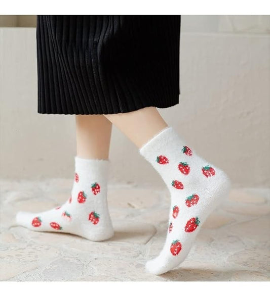 White socks featuring playful strawberry designs, bringing a cheerful vibe to your wardrobe.