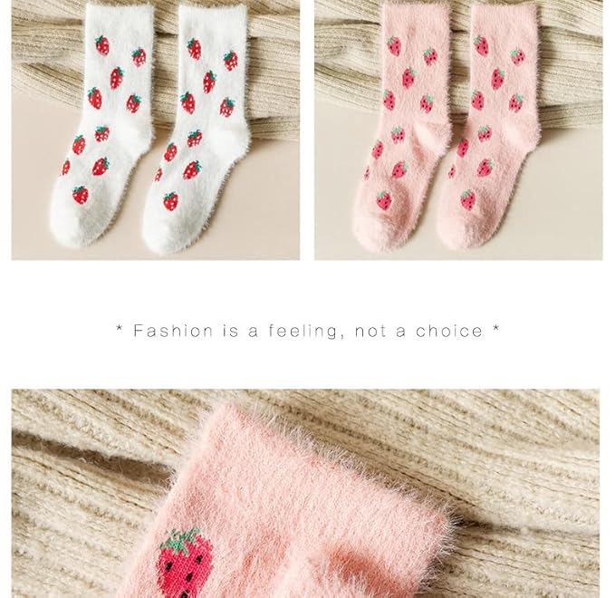 Fun white socks with a charming strawberry pattern, perfect for a cozy and stylish day.