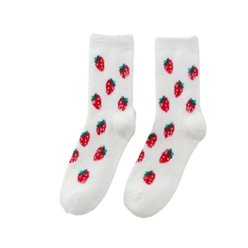 Cute white socks showcasing bright strawberries, adding a delightful flair to your sock collection.