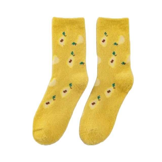 Bright yellow socks featuring a delightful fruit motif, perfect for adding a fun touch to any outfit.